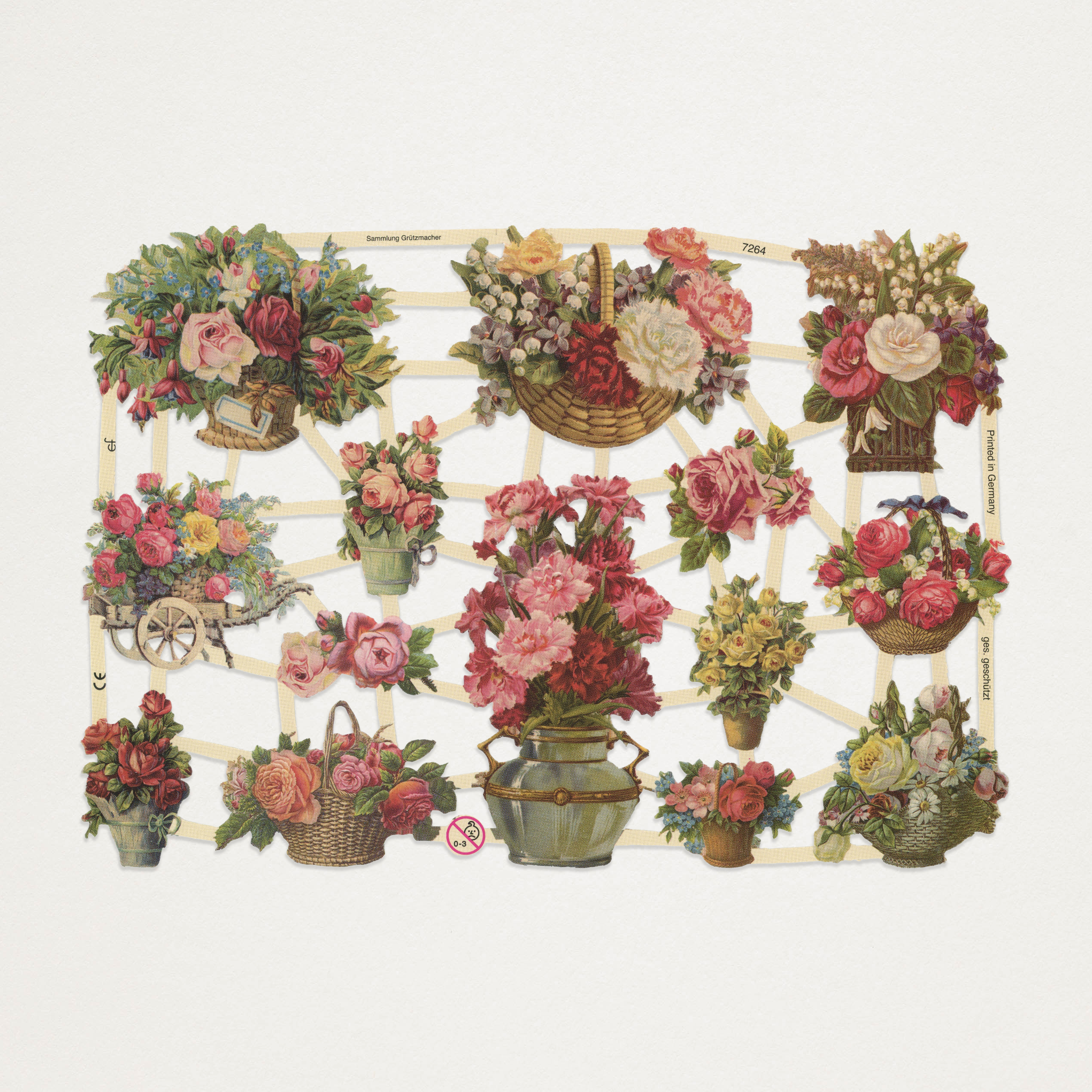 Gravuras vintage rosas em cestos