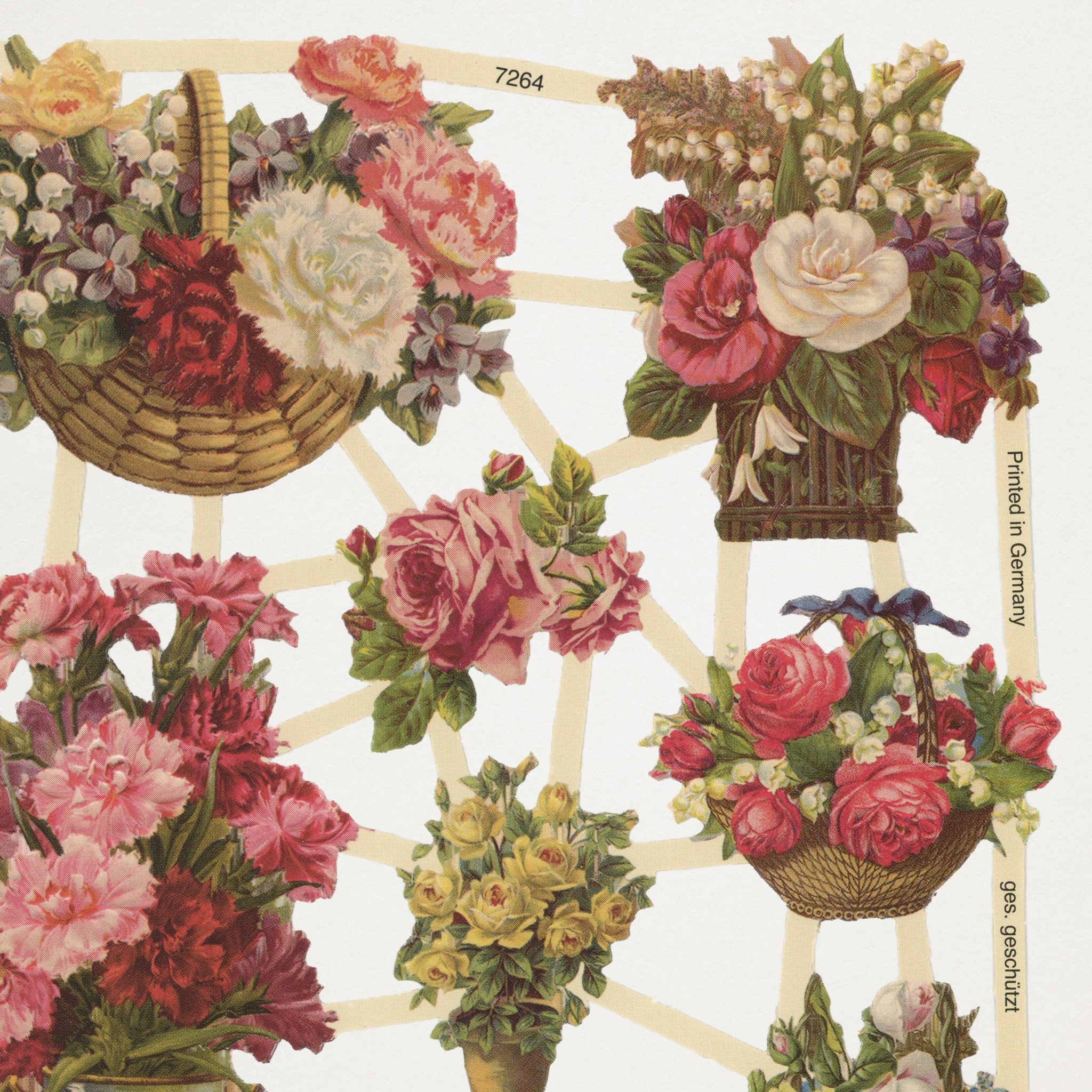 Gravuras vintage rosas em cestos