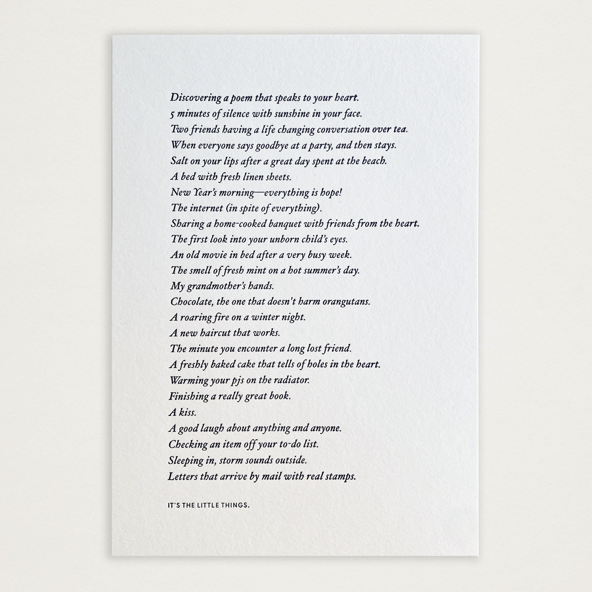 Cartão-poema “It's the little things” em letterpress